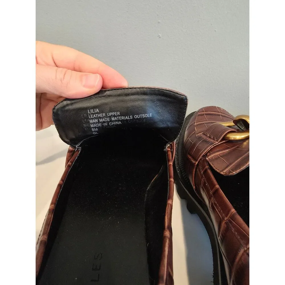 Aerosoles Lilia Brown Croc Embossed Leather Lug Sole Chain Loafers Womens 8